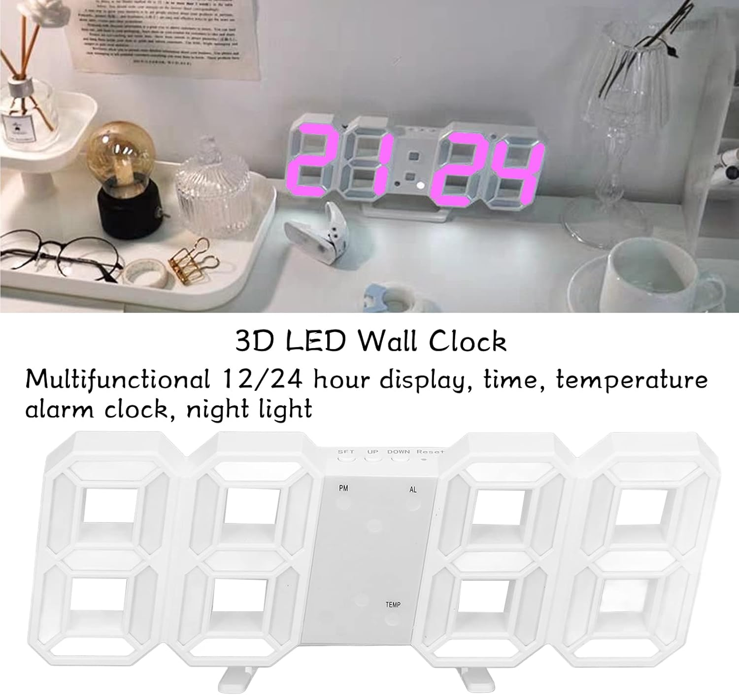 Eine weiße 3D-LED-Wanduhr mit rosa Ziffern auf einem Tisch mit Deko.