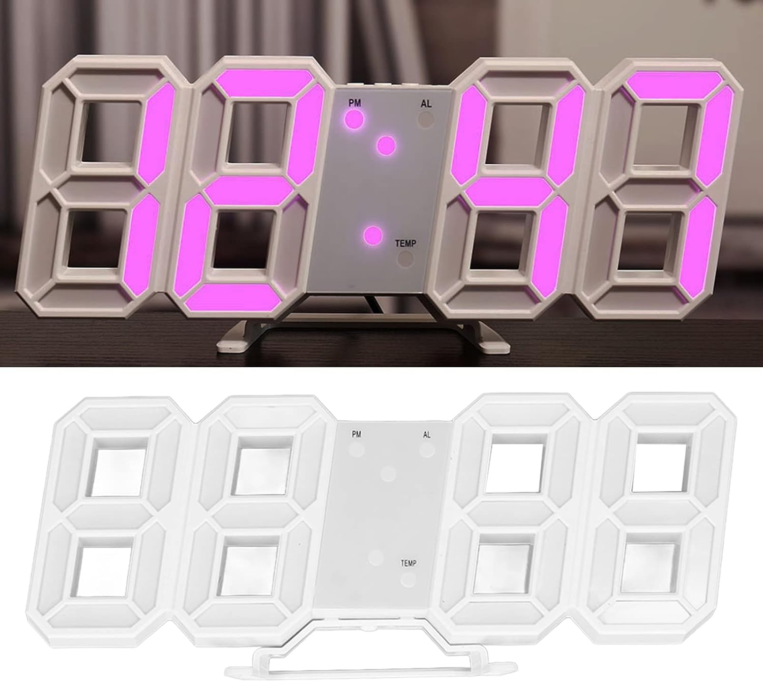 Moderne digitale LED-Uhr mit leuchtend rosa Ziffern auf hellem Hintergrund.