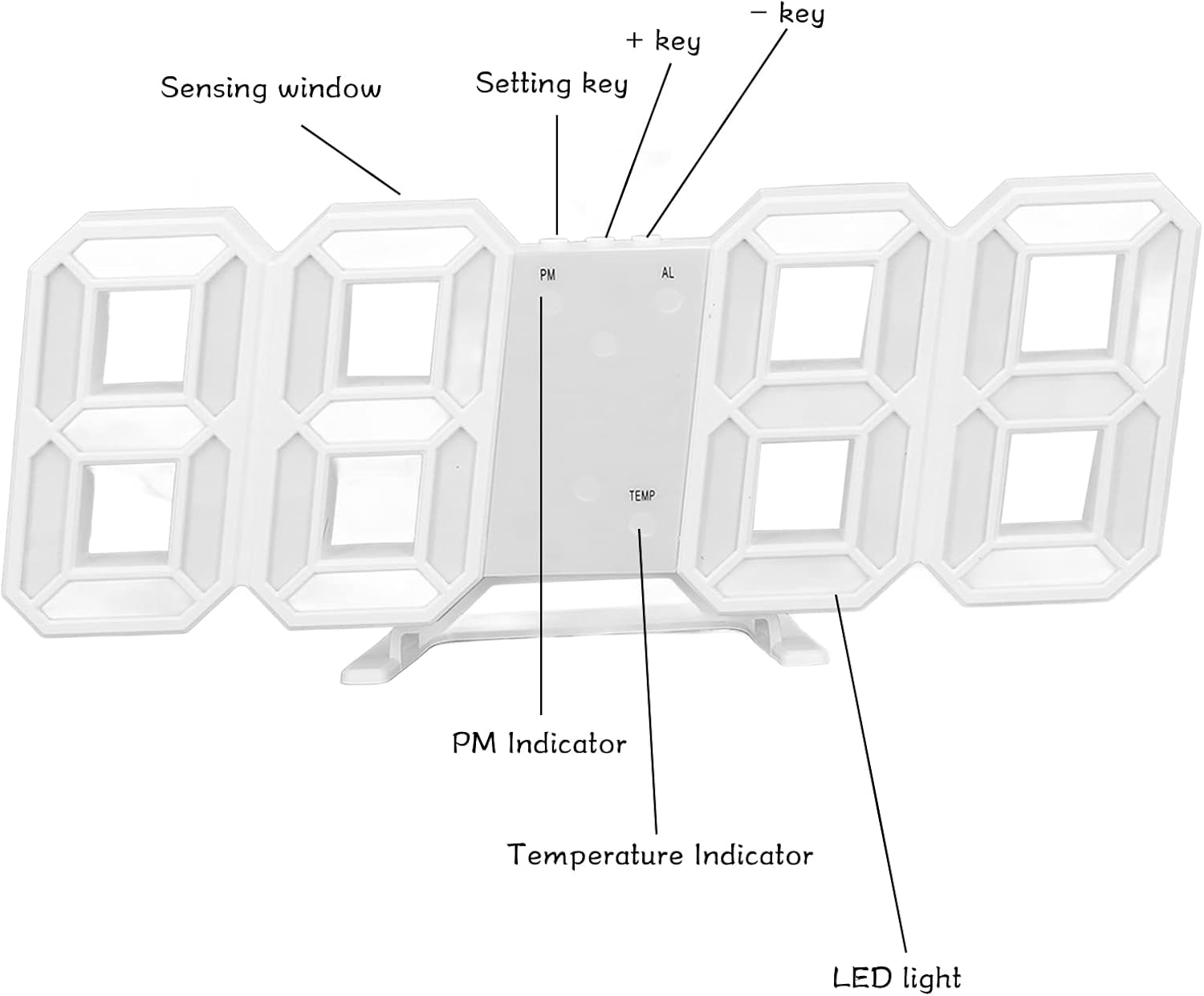 Diagramm einer weißen LED-Digitaluhr mit beschrifteten Tasten, Sensoren und Anzeigen.