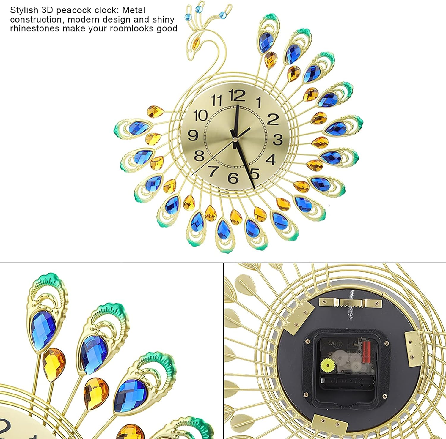 Goldene Pfauuhr mit blauen und gelben Kristallen, Zifferblatt in der Mitte und Uhrwerk auf der Rückseite.