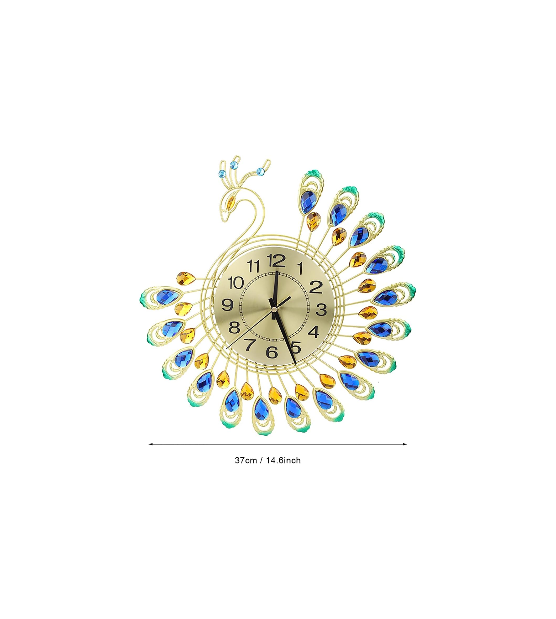 Goldene Pfauenwanduhr mit blauen und bernsteinfarbenen Kristallsteinen und der Aufschrift 37cm / 14.6inch.