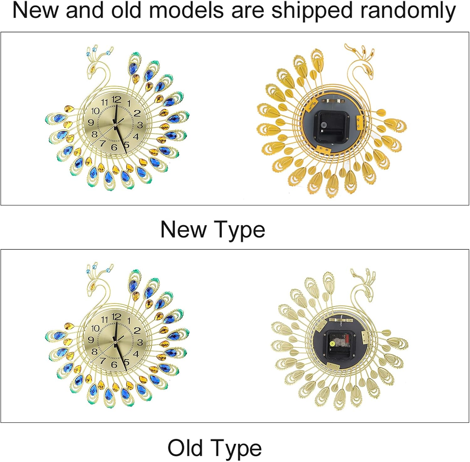 Vergleich neuer und alter Pfauen-Wanduhr-Modelle mit Vorder- und Rückansicht und kleinen Designunterschieden.