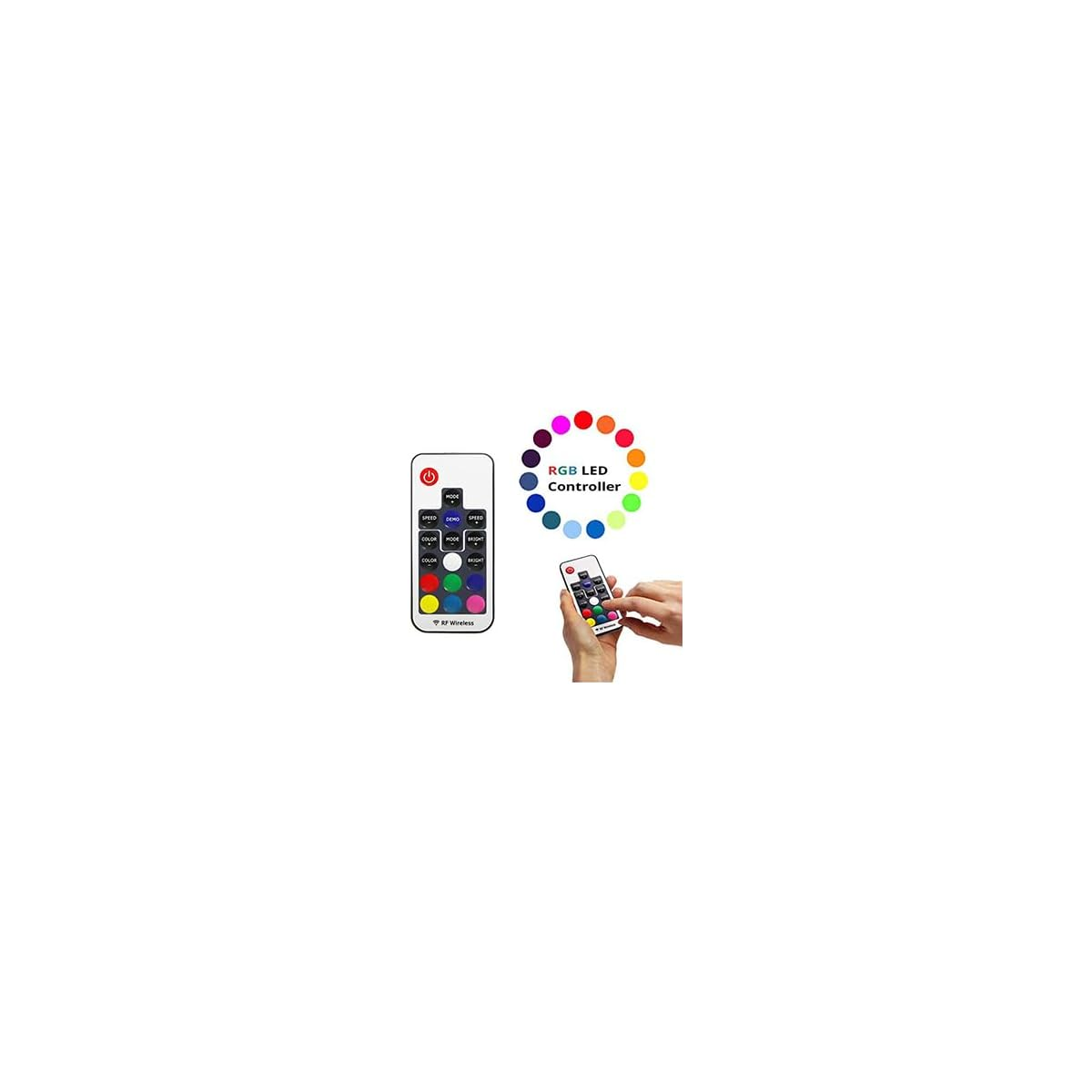 Eine Hand hält eine weiße RGB-LED-Fernbedienung neben einem Farbkreis auf weißem Hintergrund.