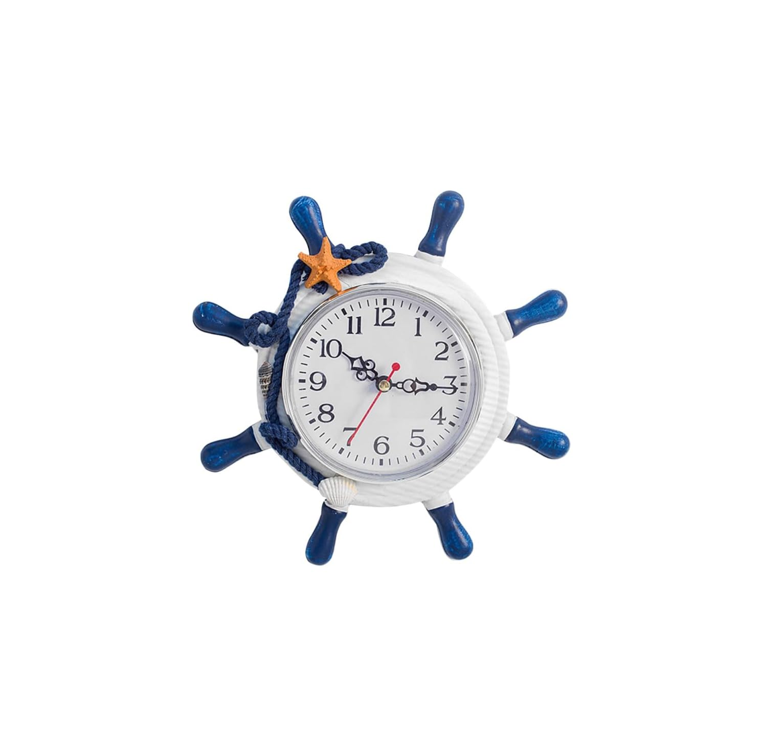 Eine weiße Schiffssteuerrad-Uhr mit blauen Griffen, verziert mit einem Seil, einer Muschel und einem orangefarbenen Seestern.