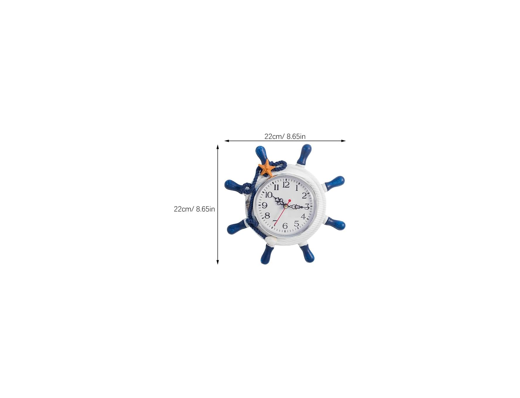 Eine weiße nautische Schiffssteuerrad-Uhr, 22 cm im Durchmesser, mit blauen Griffen und Seestern-Dekor.