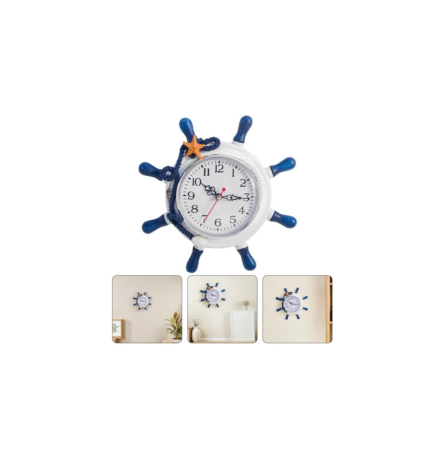 Eine maritime Wanduhr im Schiffssteuerrad-Design mit Seil und Seestern sowie drei kleine Bilder unten.