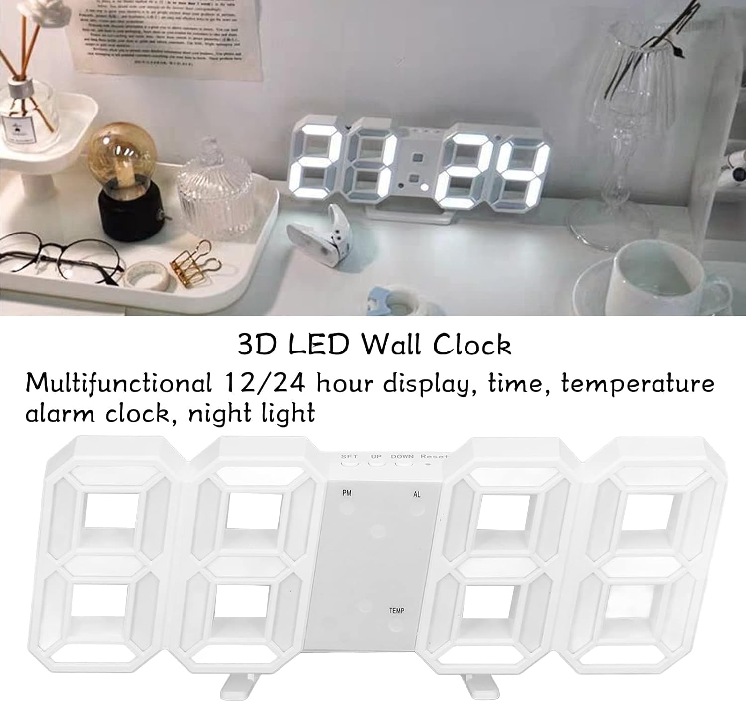 Weiße 3D-LED-Wanduhr mit digitaler Anzeige für Uhrzeit und Temperatur auf einem Schreibtisch.
