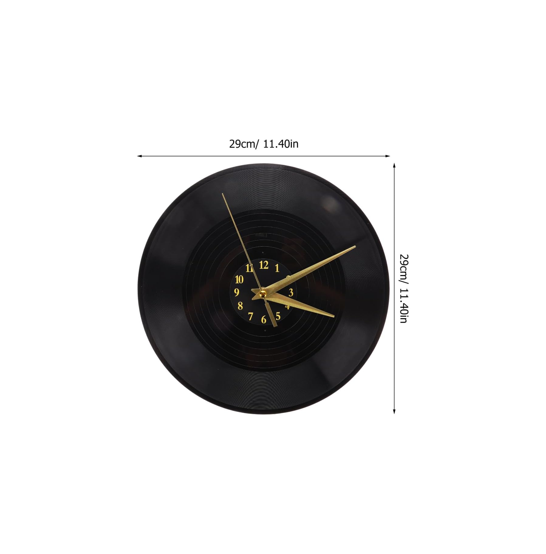 Schwarze Wanduhr aus einer Vinylplatte mit goldenen Zeigern und Ziffern, Durchmesser 29cm.
