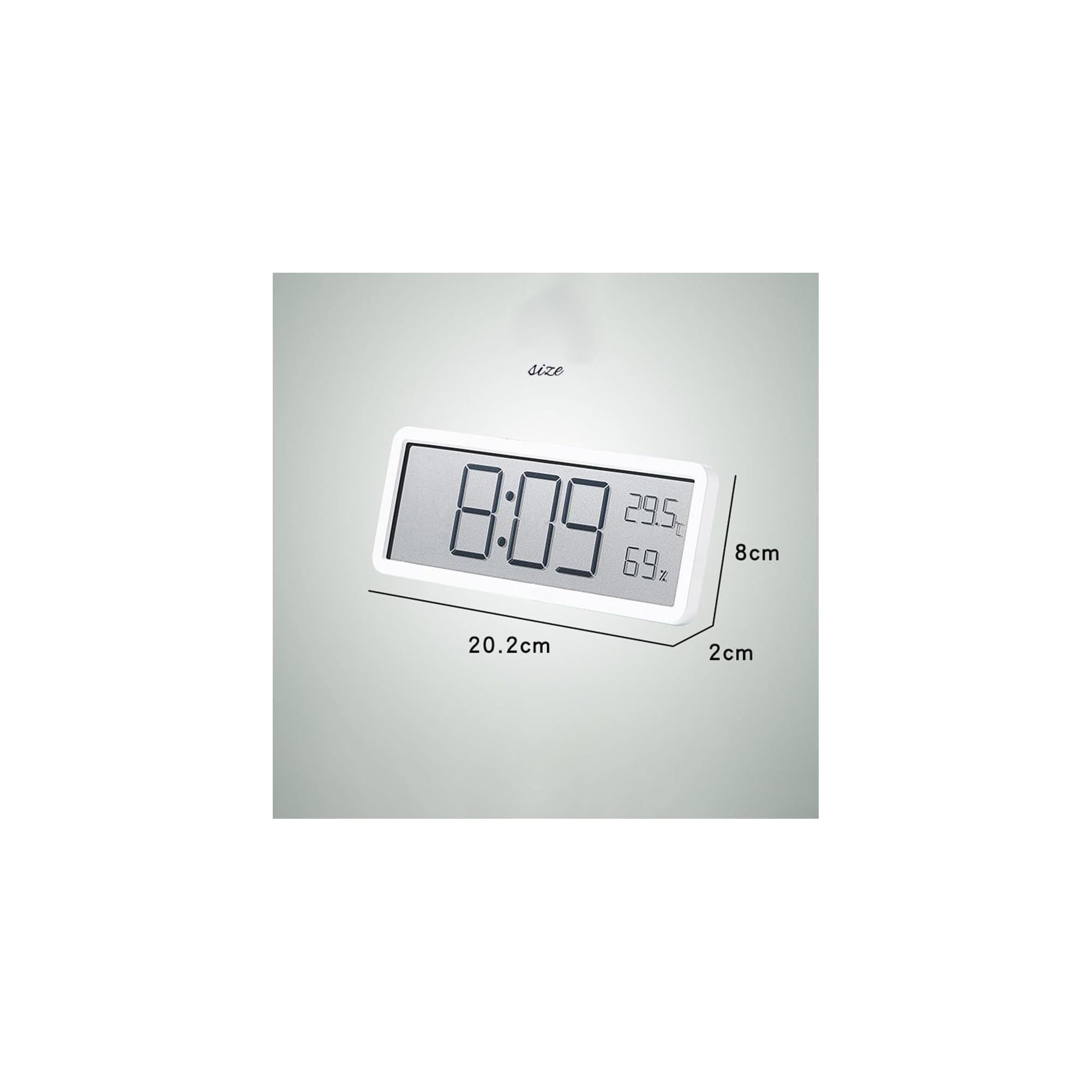 Eine rechteckige weiße Digitaluhr mit Maßen zeigt 8:09 Uhr, Temperatur und Luftfeuchtigkeit an.