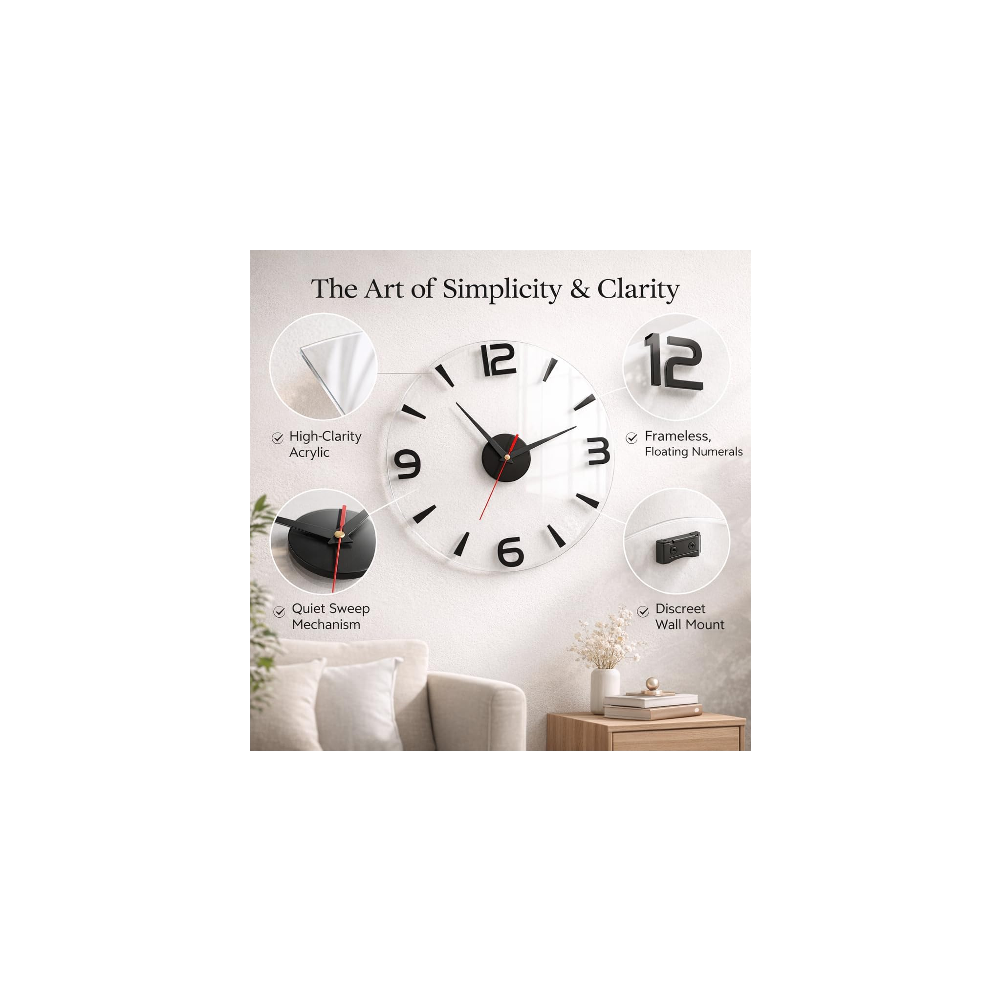Moderne rahmenlose Acryluhr an weißer Wand mit vier Detailaufnahmen ihrer Funktionen.