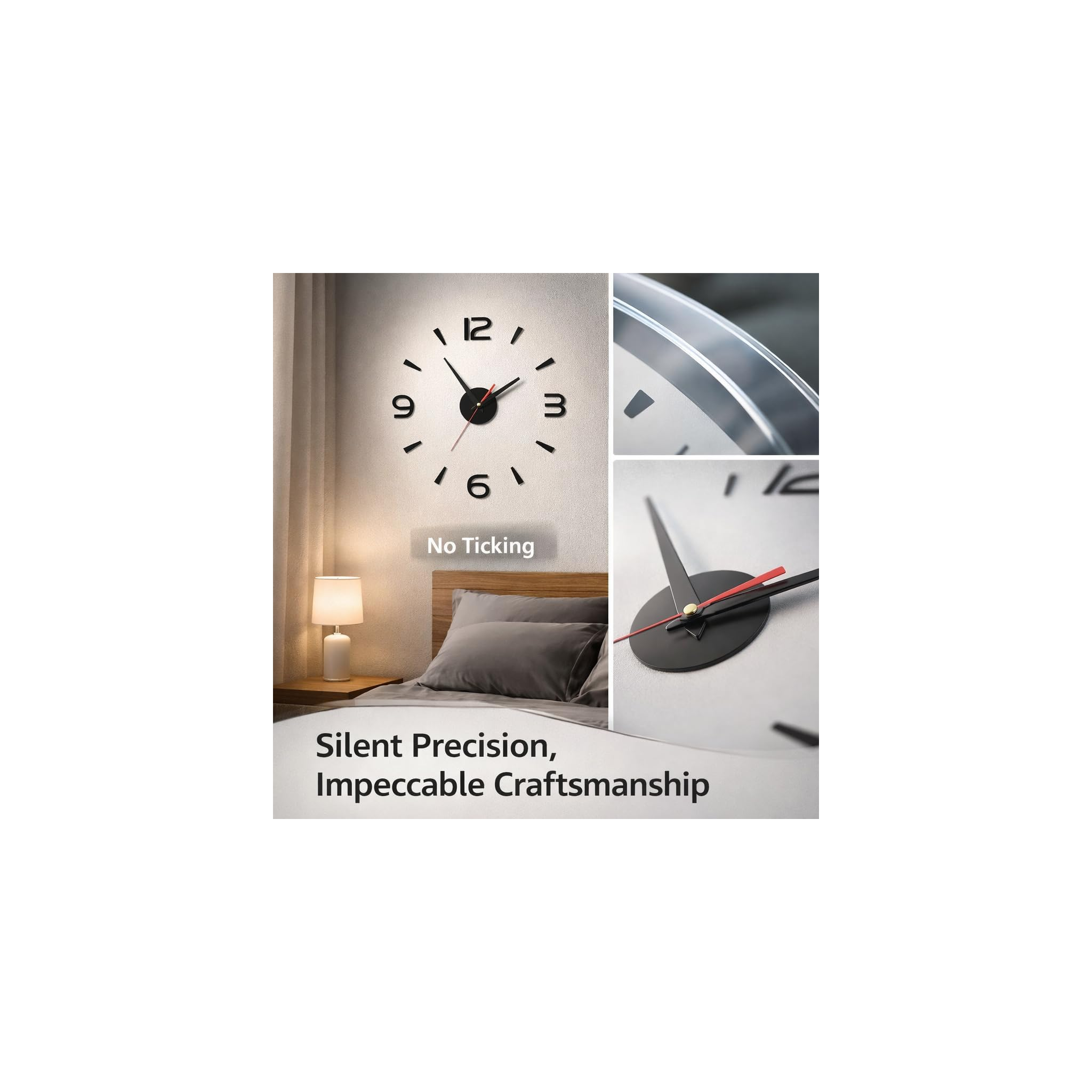 Eine moderne Wanduhr über einem Bett mit Nahaufnahmen der Zeiger und des Rahmens sowie Werbetext.