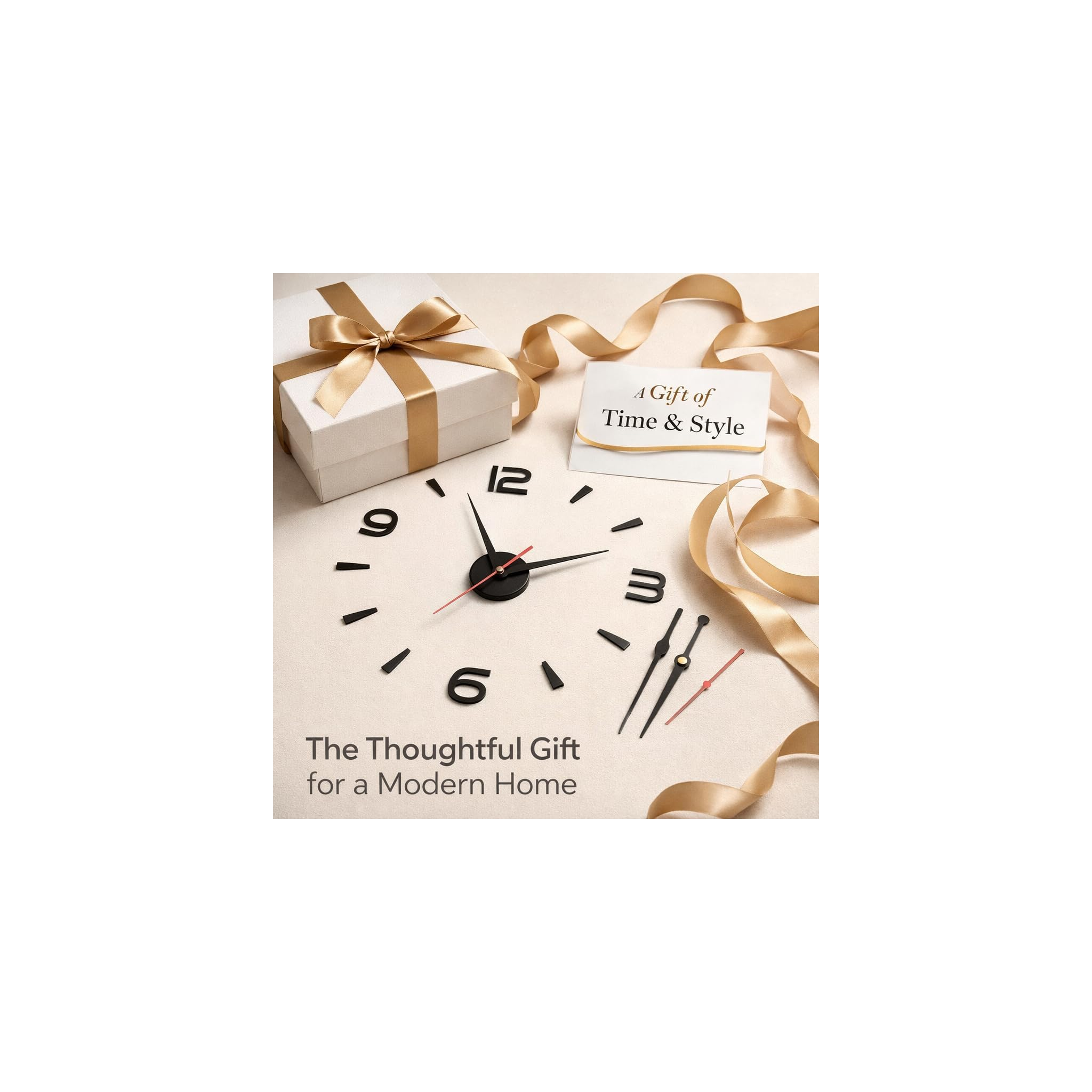 Ein modernes Wanduhr-Set mit Geschenkbox, goldenem Band und einer Karte mit der Aufschrift A Gift of Time & Style.