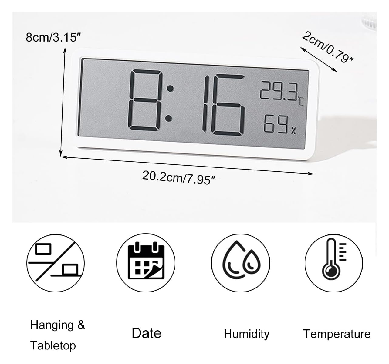 Eine weiße Digitaluhr mit Maßen, die Uhrzeit, Temperatur und Luftfeuchtigkeit anzeigt, mit Icons.