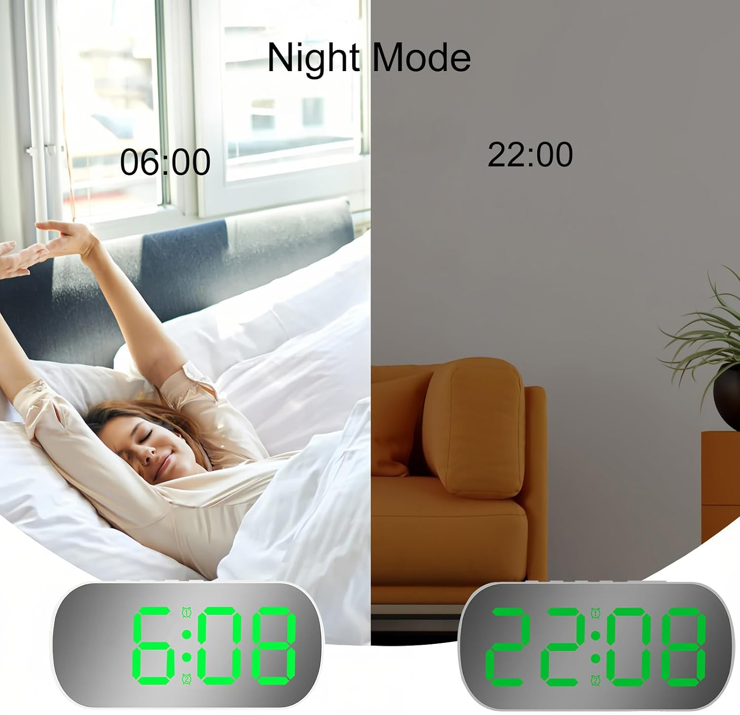 Vergleich von Tag- und Nachtmodus mit zwei digitalen Uhren, die verschiedene Zeiten in Schlaf- und Wohnzimmer zeigen.