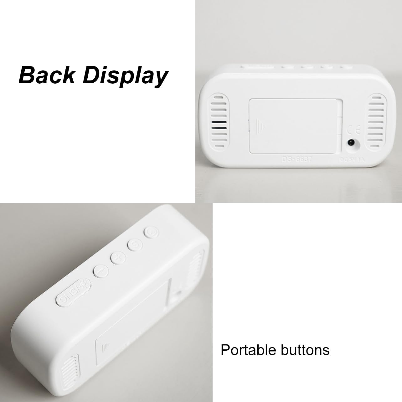 Weißer Wecker, der die Rückseite mit Batteriefach und die Oberseite mit Tasten zeigt.