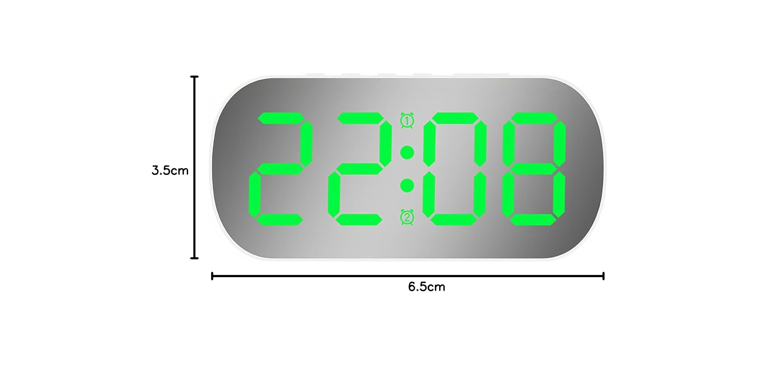 Ein digitaler Wecker mit verspiegelter Front zeigt grüne Zahlen 22:08, Maße 6.5cm mal 3.5cm.