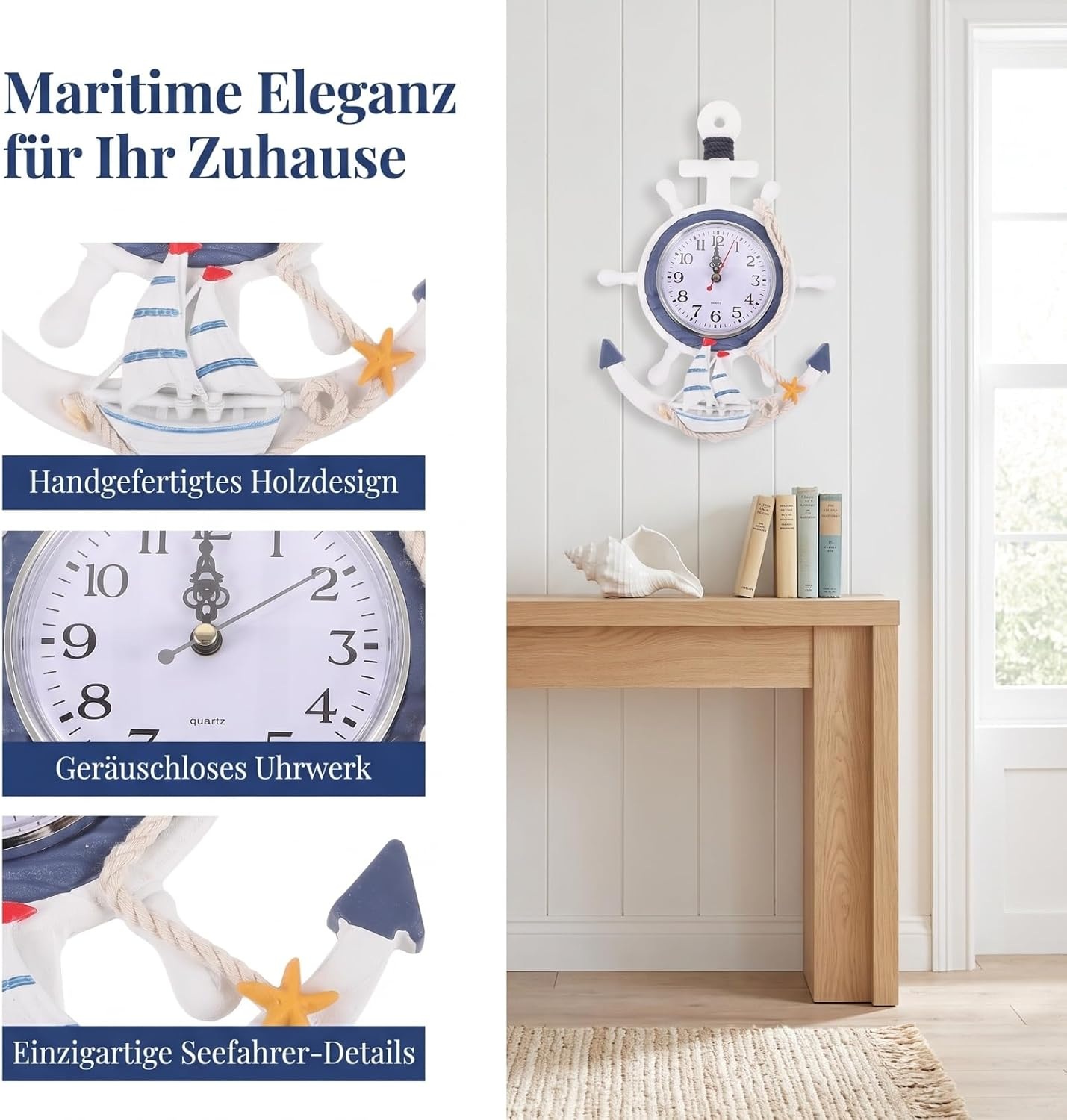 Eine maritime ankerförmige Wanduhr hängt an einer weißen Vertäfelung über einem Holztisch mit Büchern und Muschel.