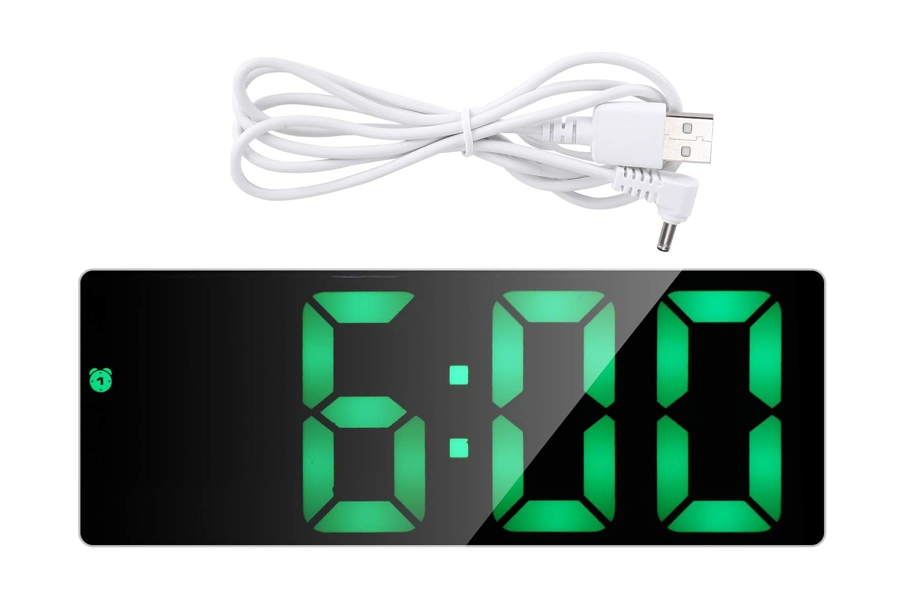 Ein digitaler Wecker mit grüner LED-Anzeige zeigt 6:00 Uhr und ein weißes Ladekabel liegt darüber.