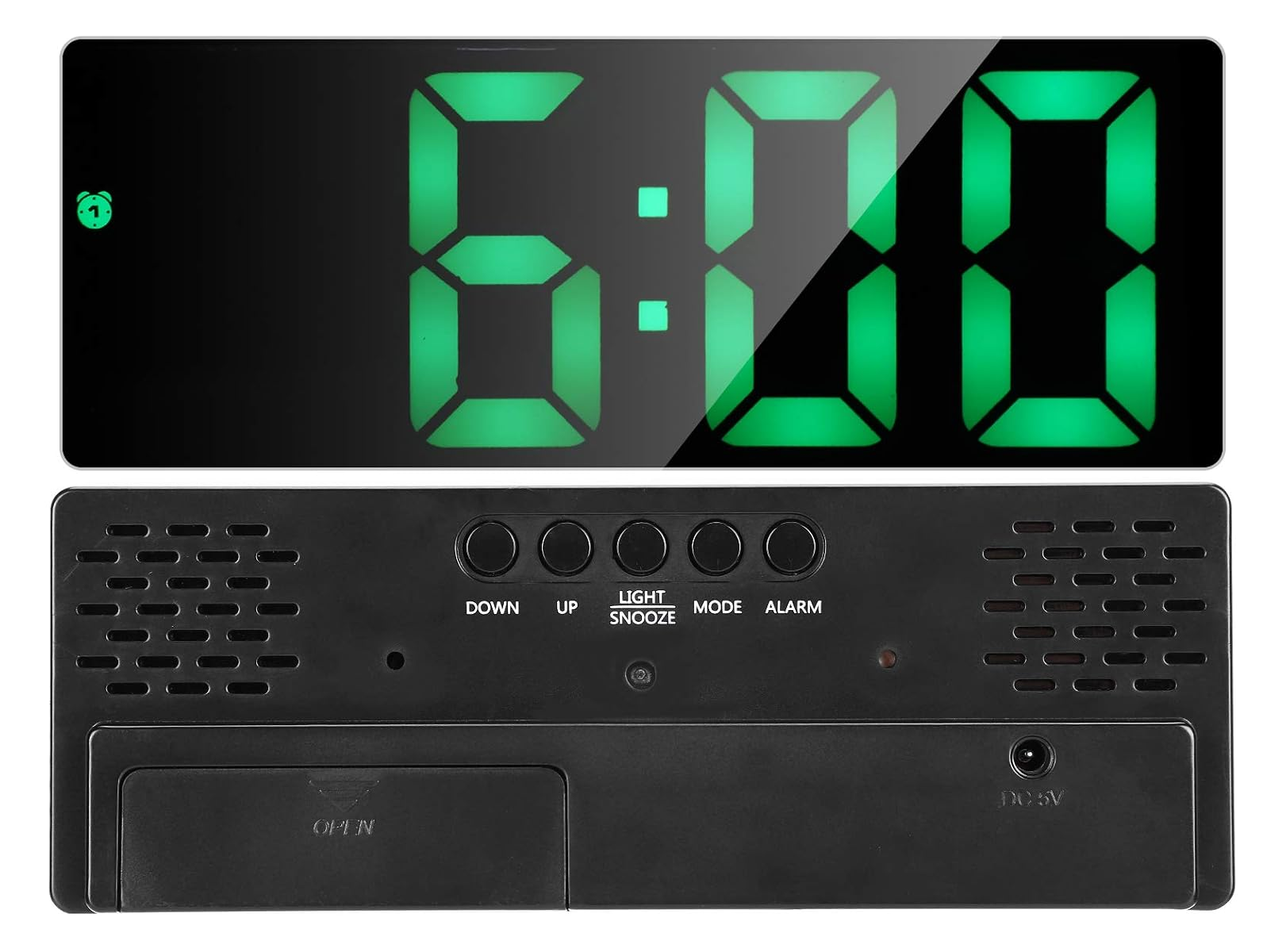 Eine schwarze Digitaluhr zeigt 6:00 Uhr in grünen LED-Zahlen, mit Bedienknöpfen und Lautsprechergittern auf der Rückseite.