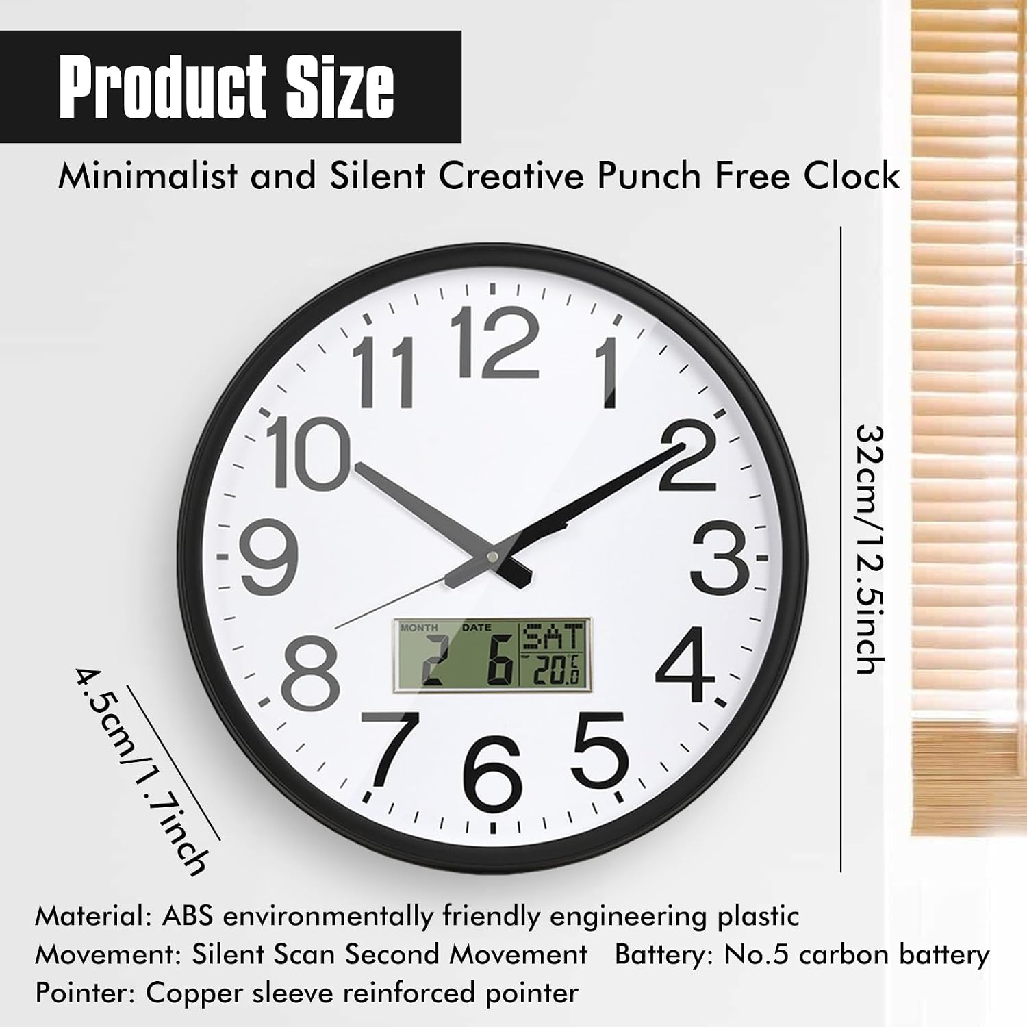 Produktgröße und Maße einer runden Wanduhr mit Zifferblatt und LCD-Anzeige.