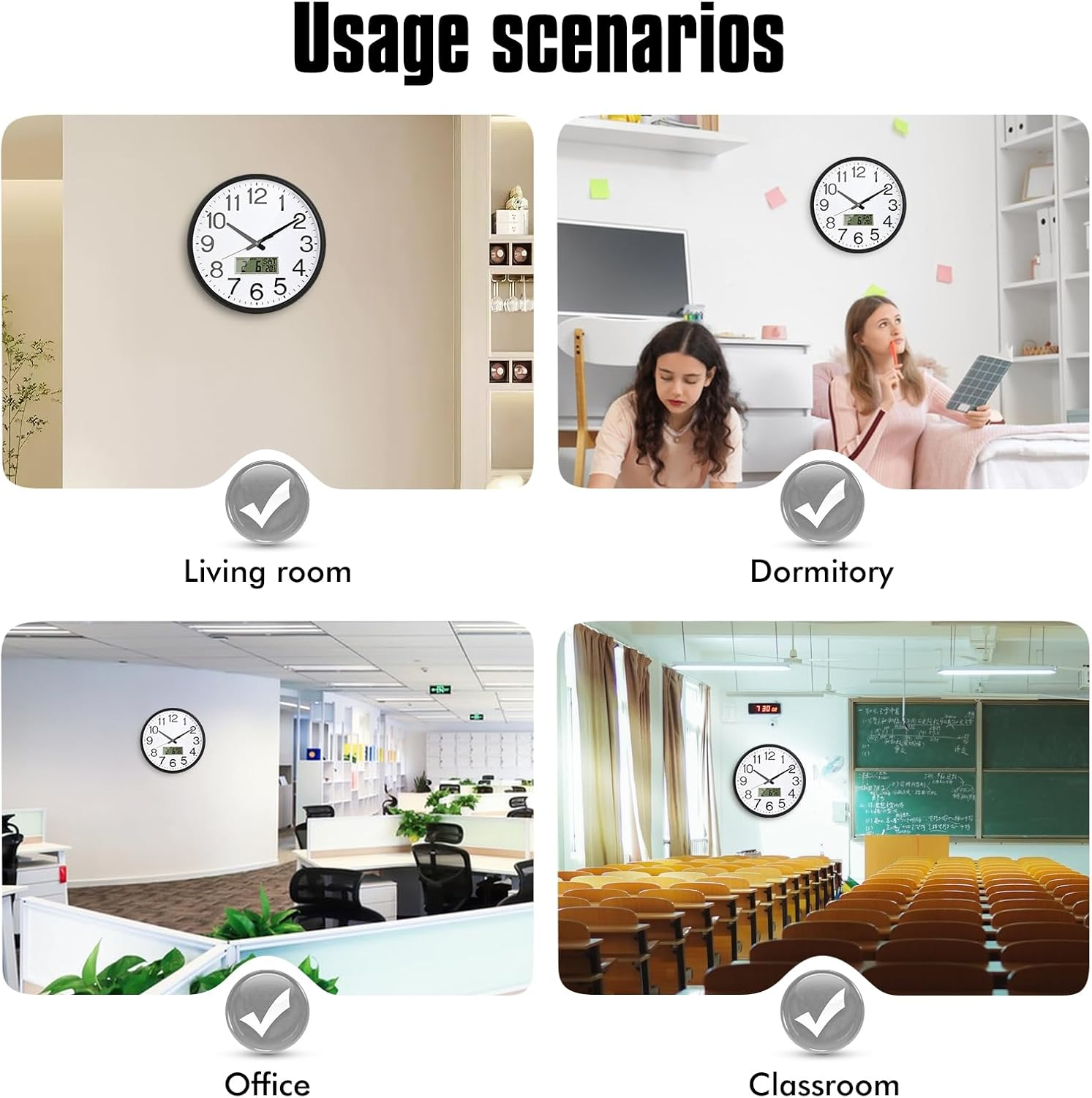 Wanduhren für verschiedene Räume: Wohnzimmer, Schlafsaal, Büro und Klassenzimmer.