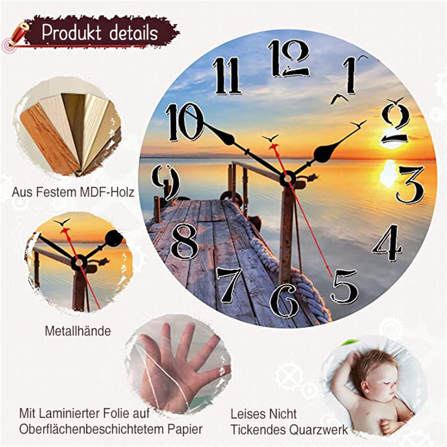 Produktkollage einer Wanduhr mit Holzsteg-Motiv, MDF-Holz, Metallzeigern und Beispielen für leisen Quarzmechanismus.