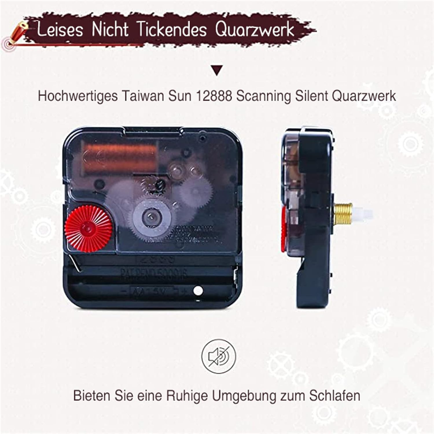 Front- und Seitenansicht eines leisen, schwarzen Quarz-Uhrwerks mit roten Elementen und Text.