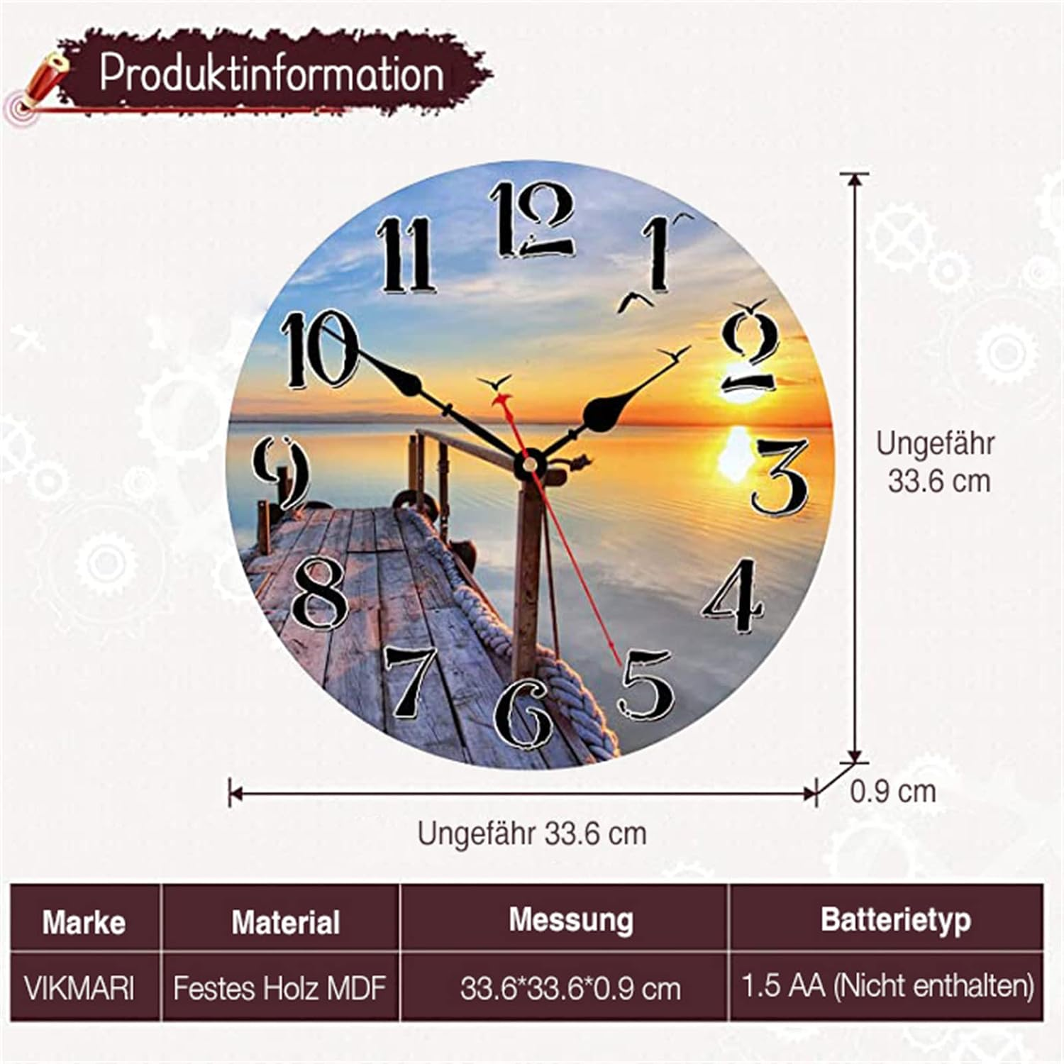 Wanduhr mit Sonnenuntergang am Steg, schwarz beschriftet, ca. 33.6 cm groß.