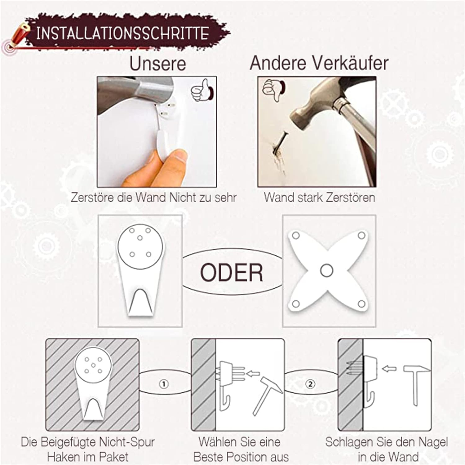Vergleichsdiagramm zeigt die einfache Installation eines Wandhakens im Vergleich zu anderen Methoden.