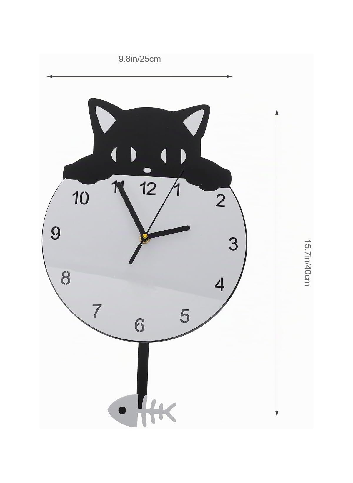 Schwarze Katzen-Wanduhr mit weißem Zifferblatt und fischförmigem Pendel, Maße 25x40 cm angegeben.