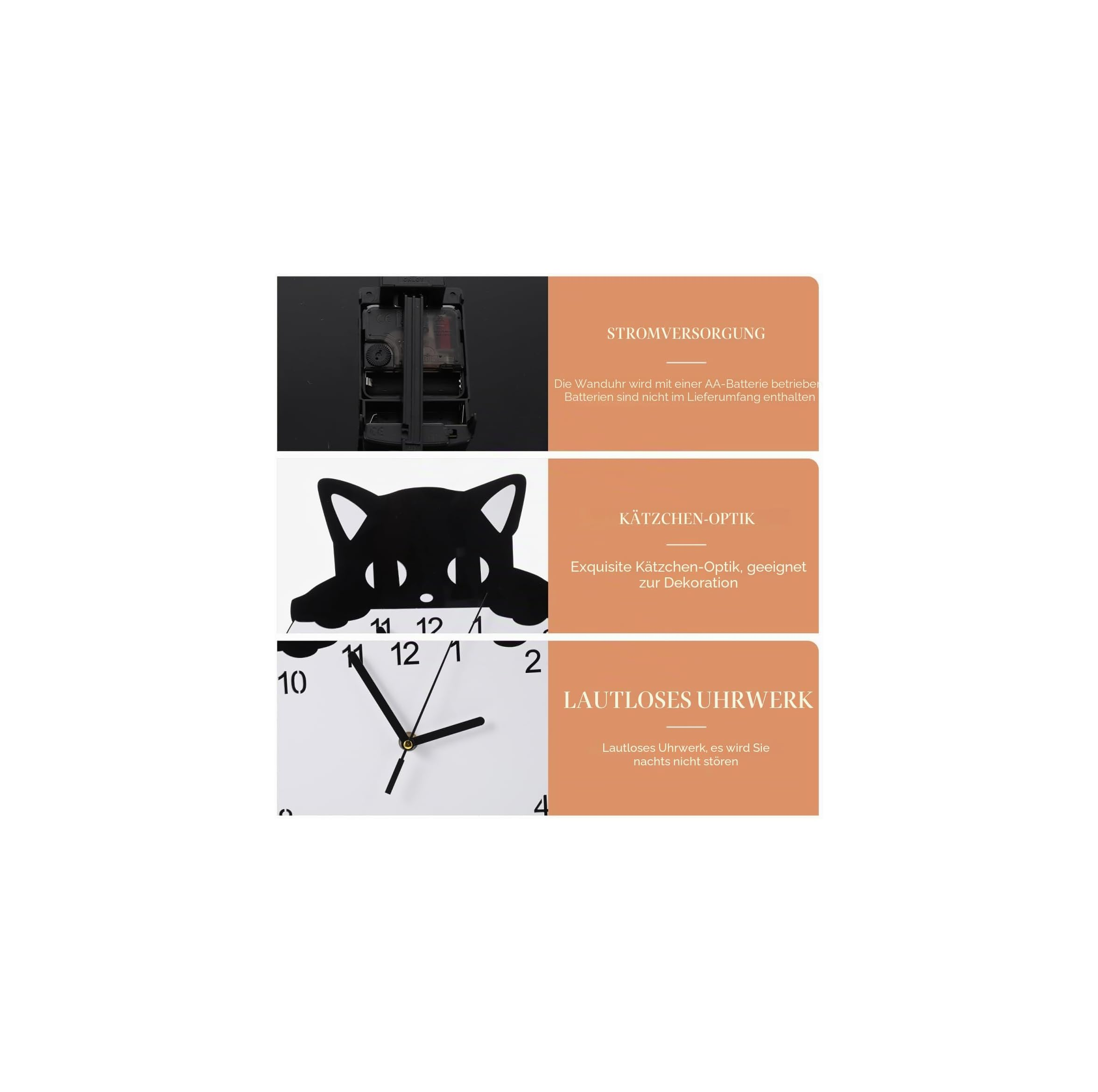 Produktmerkmale einer Katzen-Wanduhr mit Batterie, Design und leisem Uhrwerk.