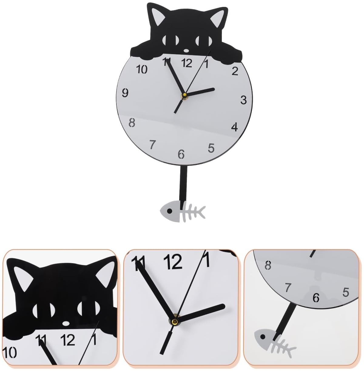 Eine weiße Wanduhr mit einer schwarzen Katze oben und einem Fischpendel unten, samt Detailaufnahmen.