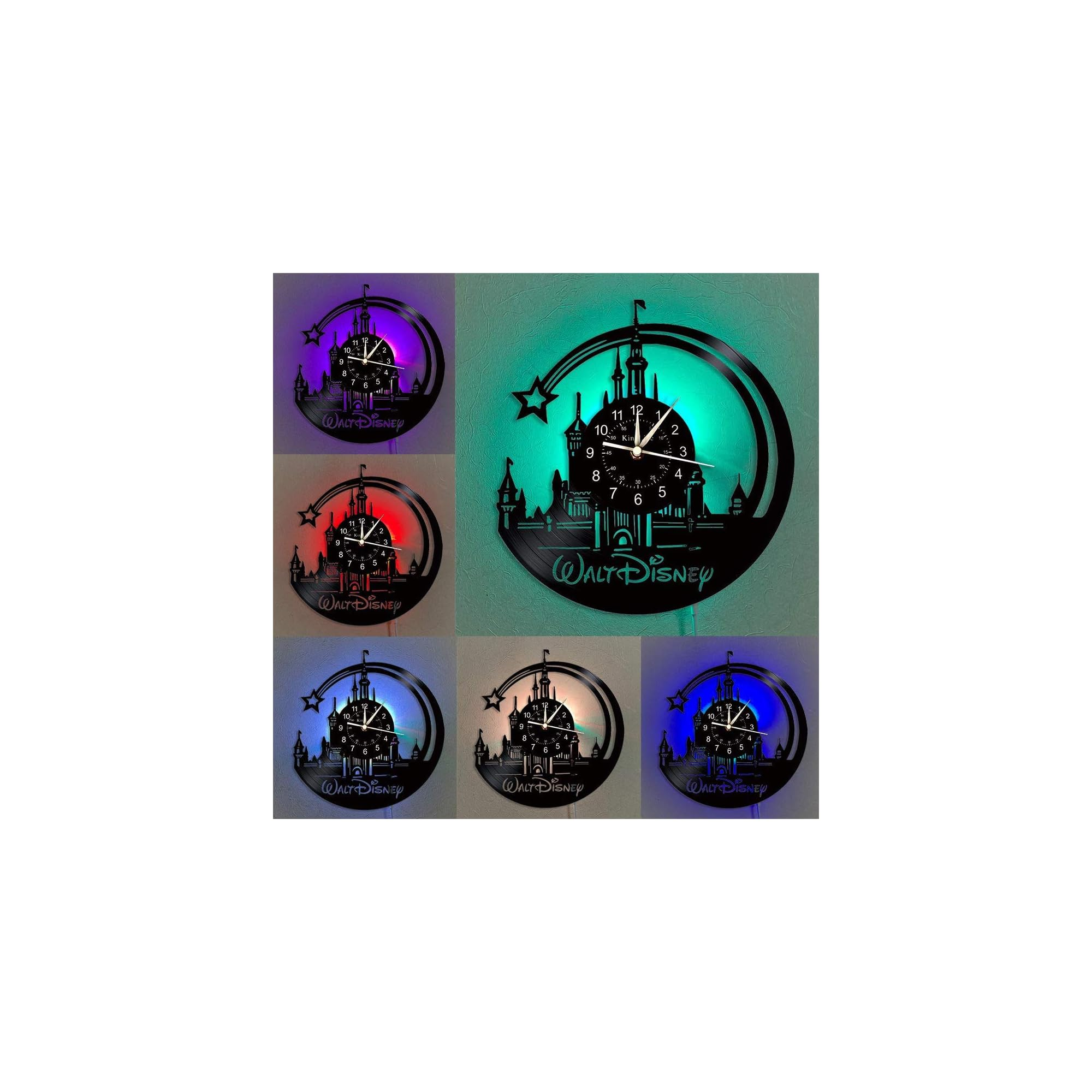 Eine Walt-Disney-Schloss-Schallplatten-Wanduhr mit bunter Hintergrundbeleuchtung in verschiedenen leuchtenden Farben.
