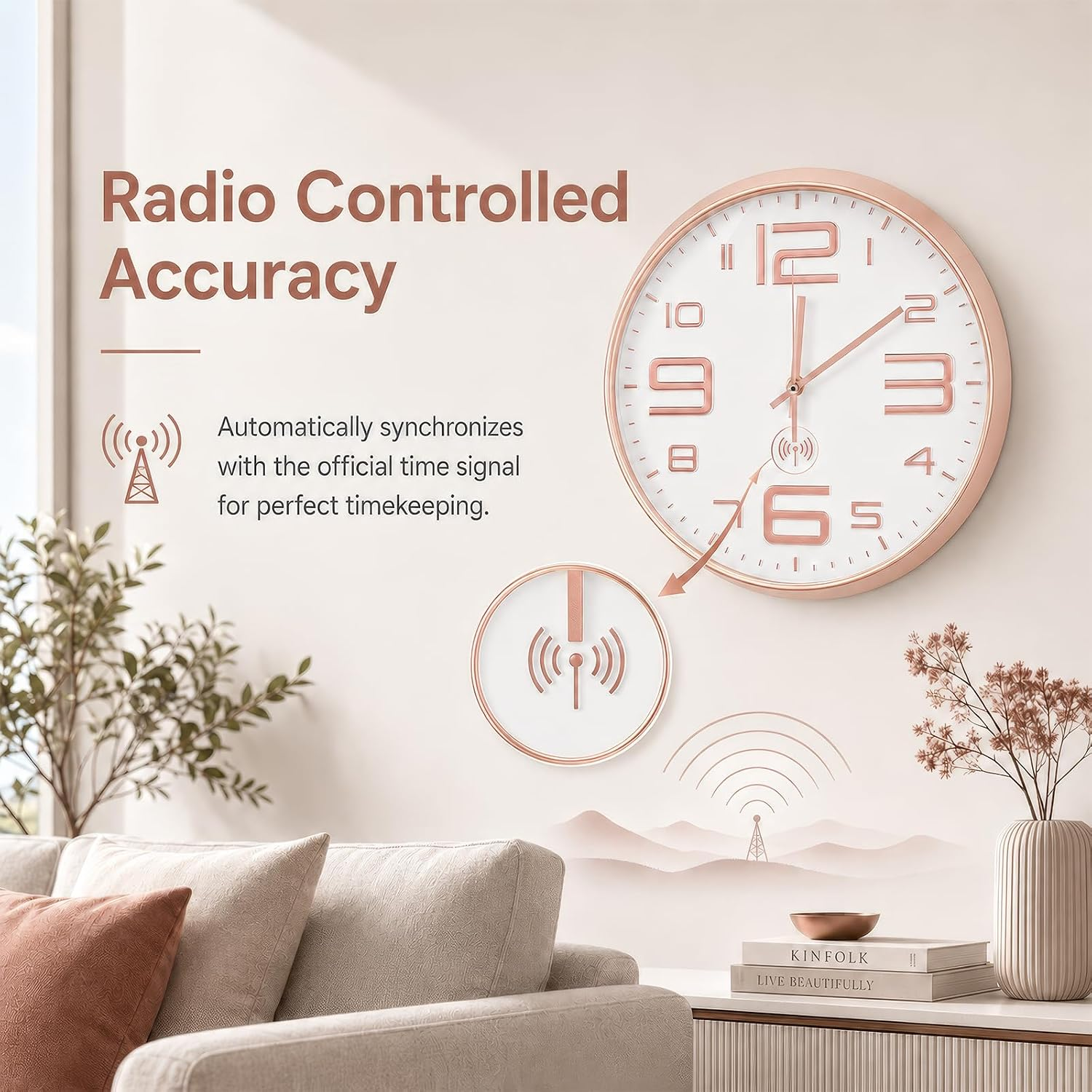 Eine roségoldene Funkuhr an einer Wand über einem Sofa mit Text und Grafiken.