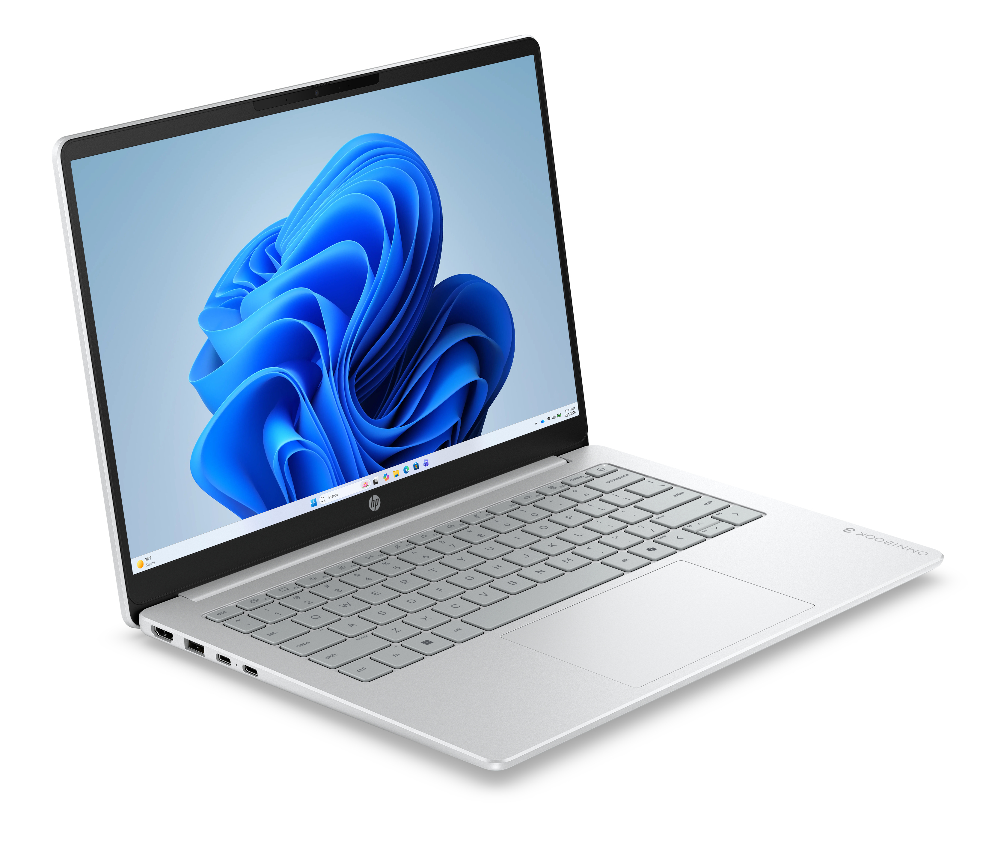 A silver HP laptop open on a white background, displaying a blue abstract wallpaper on its screen and white keyboard.