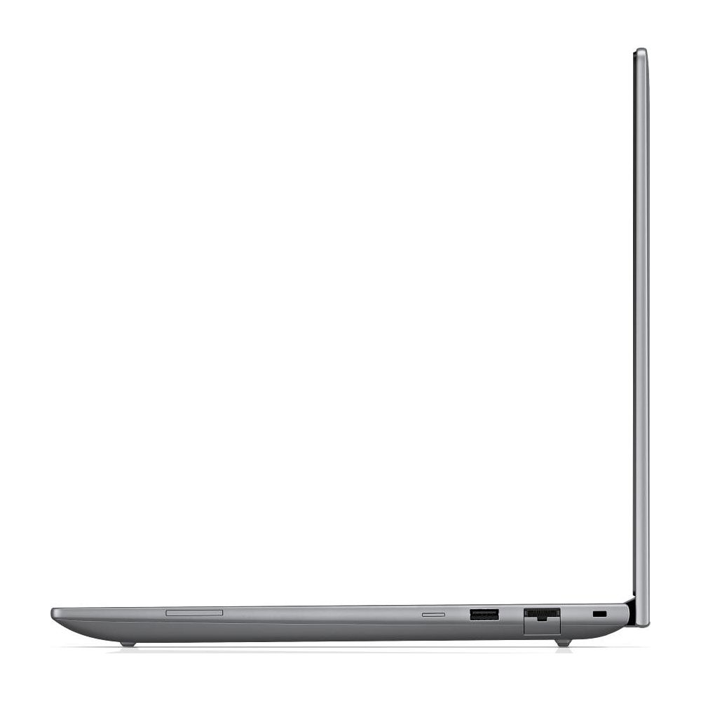 Profilo laterale di un computer portatile grigio chiuso con porte visibili, su sfondo bianco.