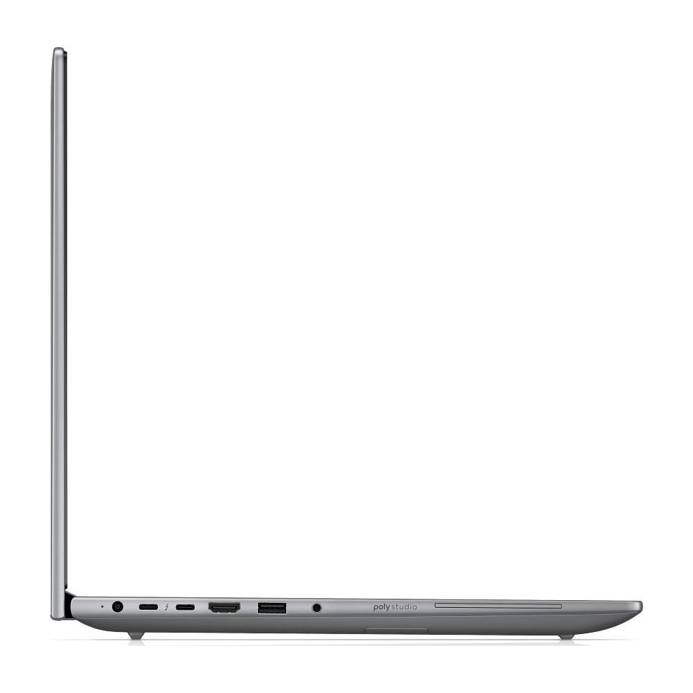 Lato sinistro di un laptop grigio chiuso che mostra varie porte e l'etichetta Poly Studio.
