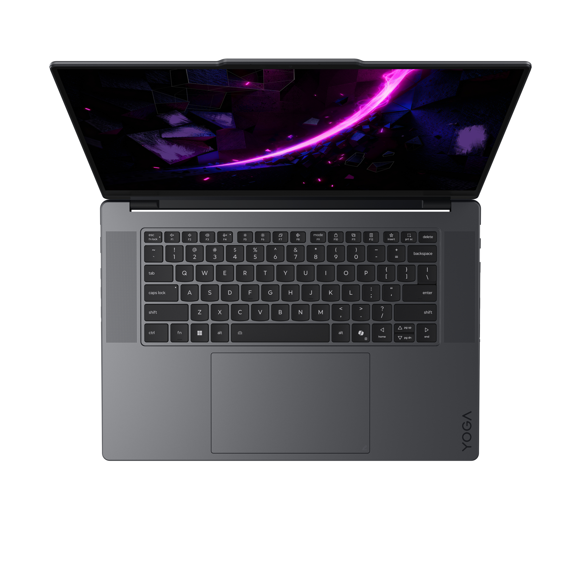Draufsicht auf einen offenen grauen Laptop mit beleuchtetem Bildschirm und QWERTY-Tastatur.