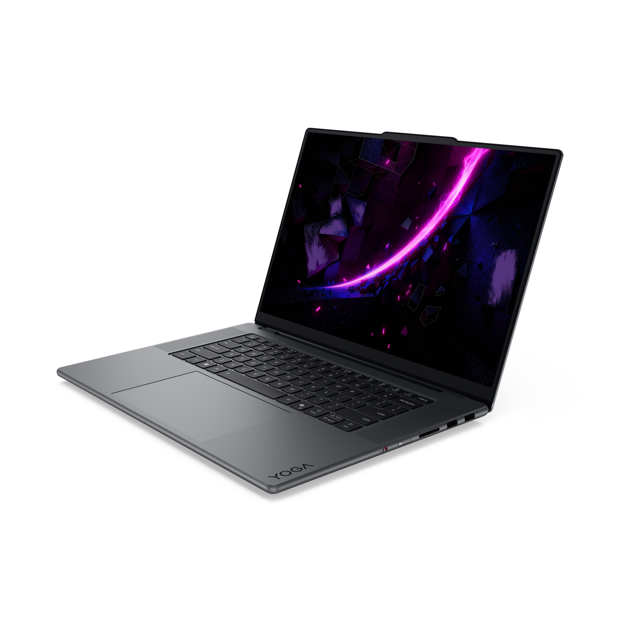Ein dunkelgrauer Laptop ist auf weißem Hintergrund geöffnet und zeigt einen dunklen, abstrakten Bildschirm mit rosa Licht.