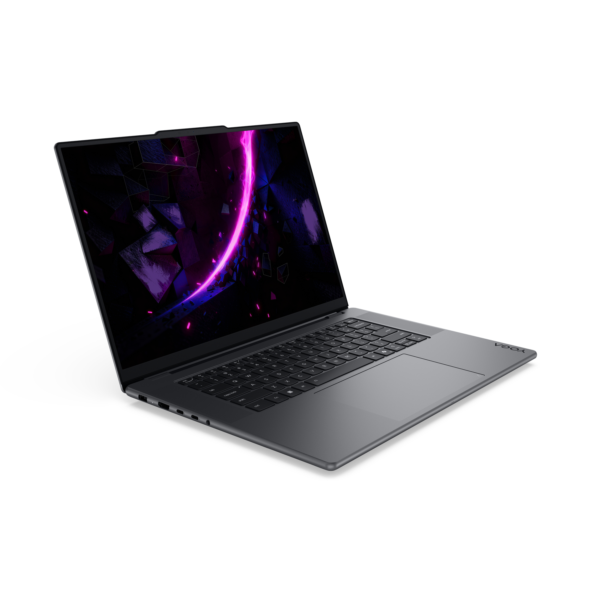 Ein grauer Laptop mit offenem Bildschirm zeigt eine abstrakte pinke und blaue Grafik auf weißem Hintergrund.