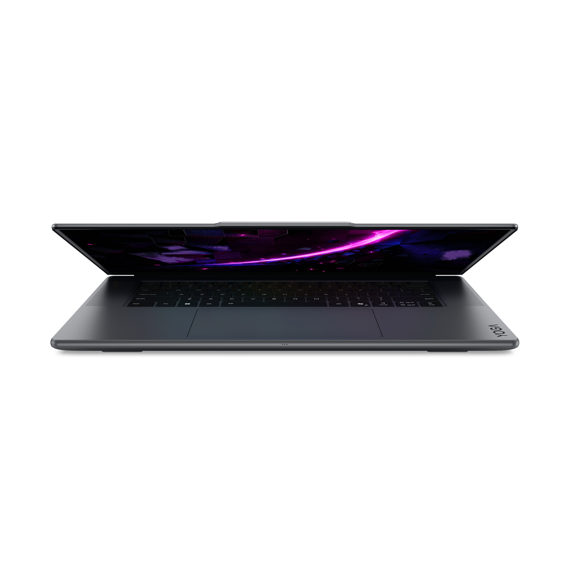 Ein grauer Laptop steht auf einem weißen Hintergrund mit einem violett leuchtenden Bildschirm.
