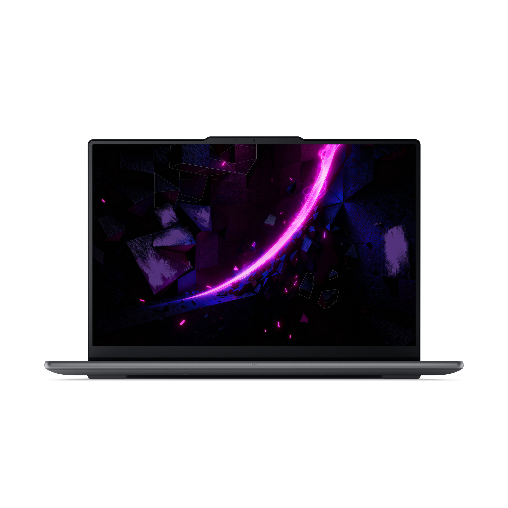 Ein offener grauer Laptop zeigt einen leuchtend rosa Neonbogen und abstrakte geometrische Formen auf dem Bildschirm.