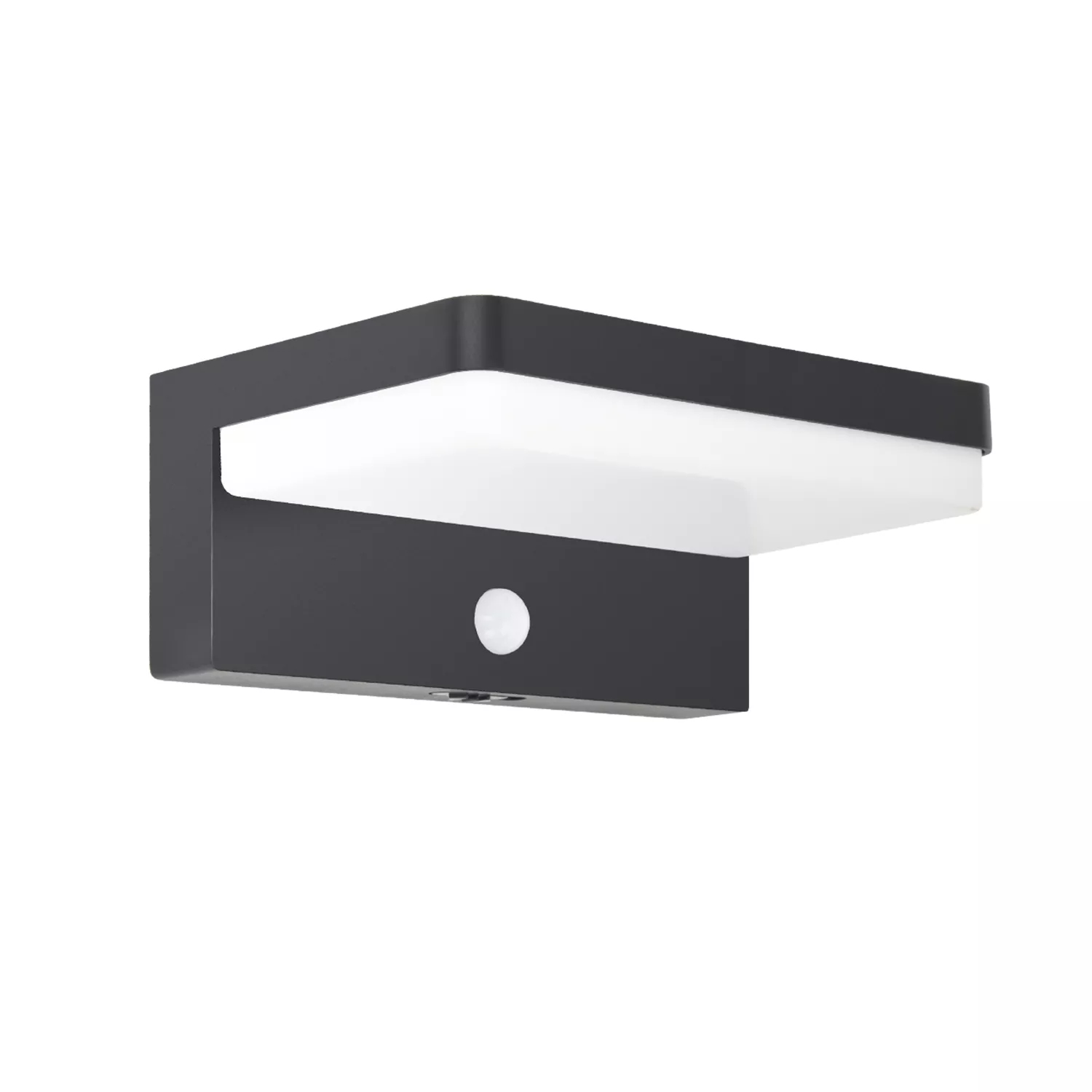 Moderne schwarze LED-Wandleuchte mit weißem Diffusor und integriertem Bewegungsmelder.
