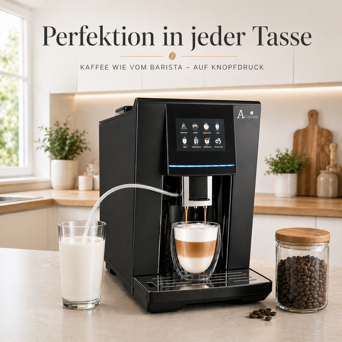 Schwarzer Kaffeevollautomat auf einer Theke in einer modernen Küche mit Kaffeebohnen und Milch.
