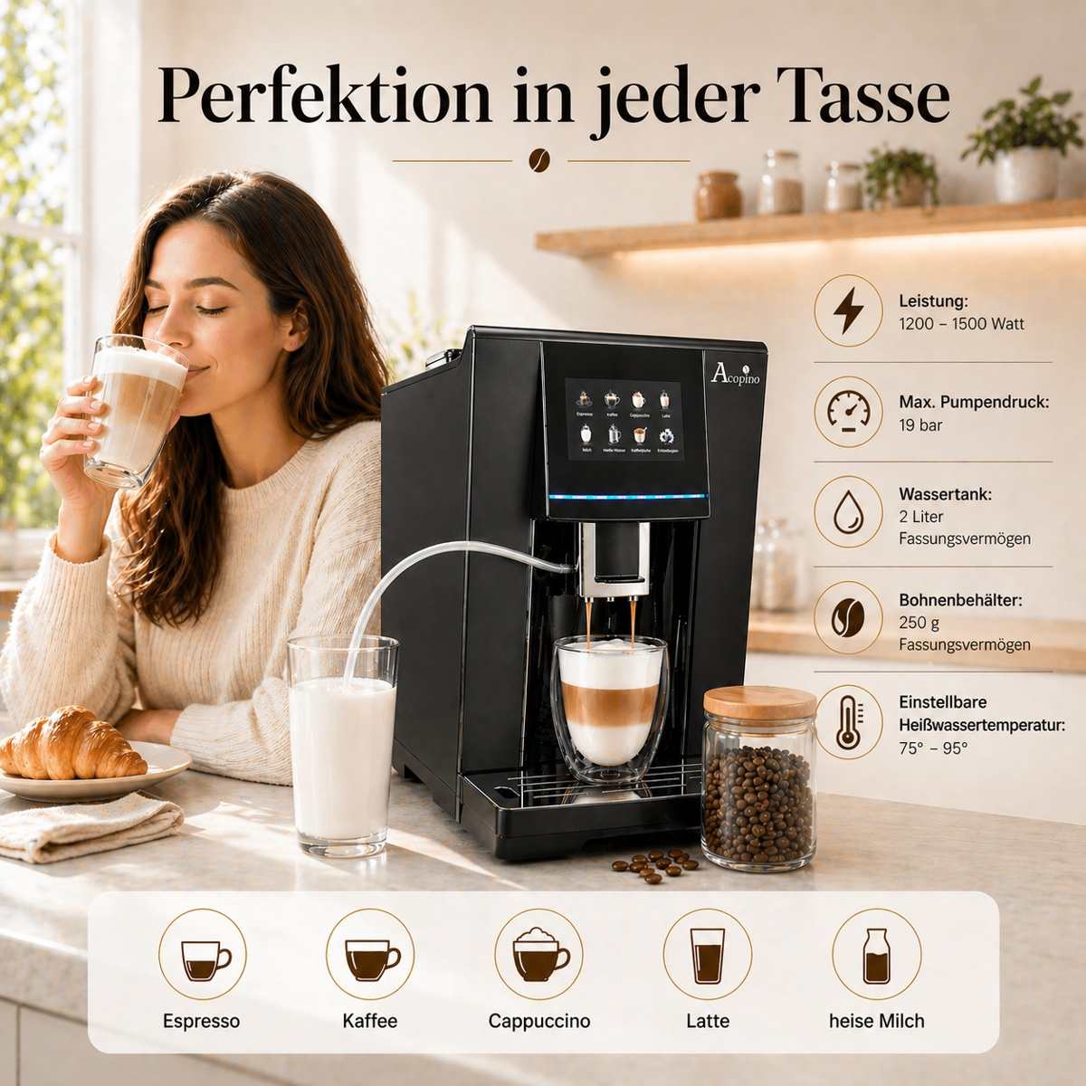 Eine Frau genießt Kaffee neben einem Kaffeevollautomaten mit Milchschaumglas und Infografiken.