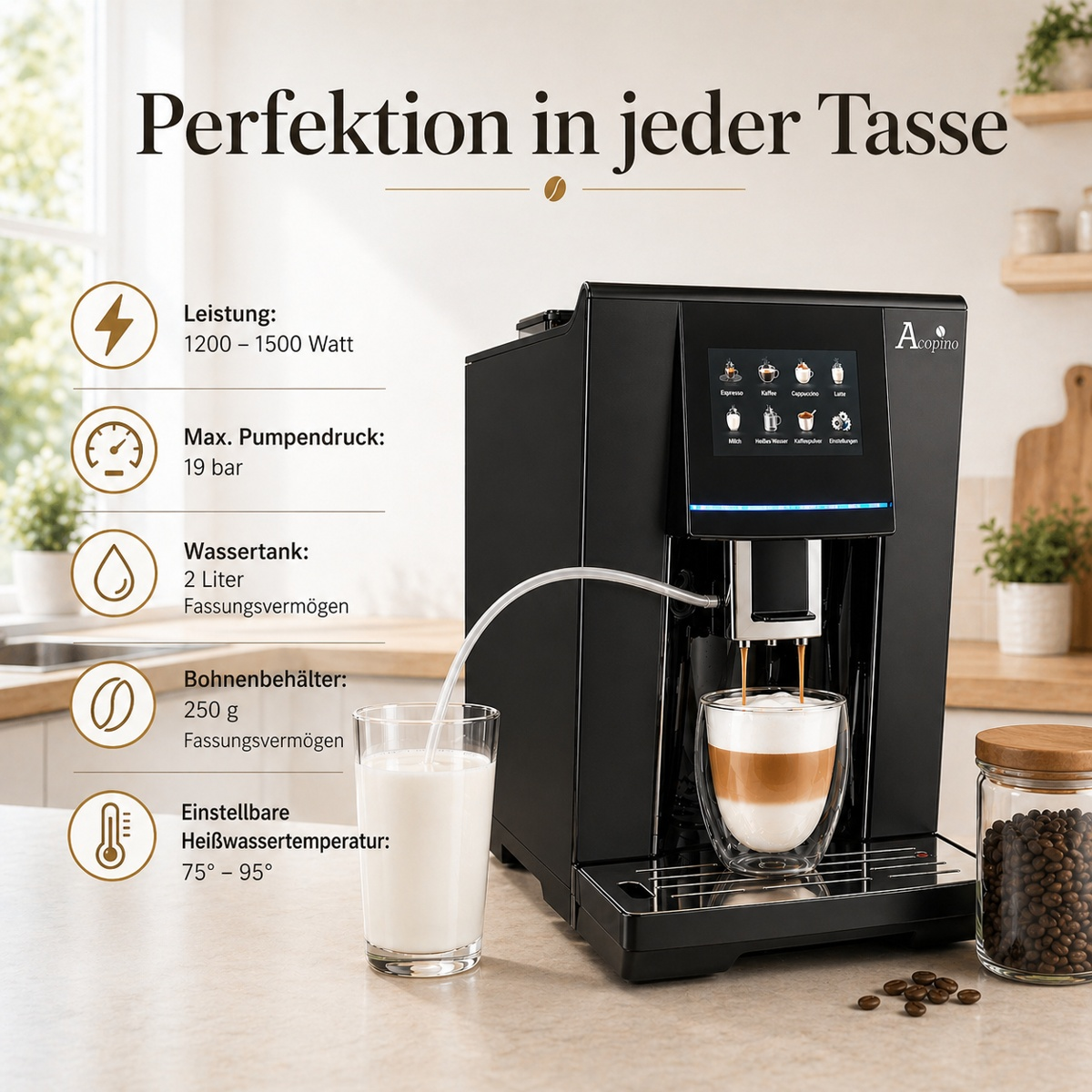 Schwarze Acopino Kaffeemaschine auf Küchenarbeitsplatte mit Milchglas und Kaffee.