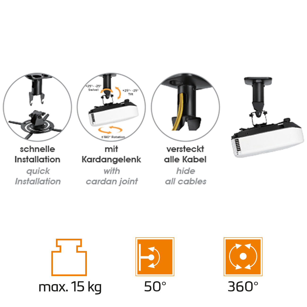Merkmale der Halterung: schnelle Montage, Kardangelenk, Kabelverbindung, max. 15 kg, 50 Grad Neigung und 360 Grad Drehung.