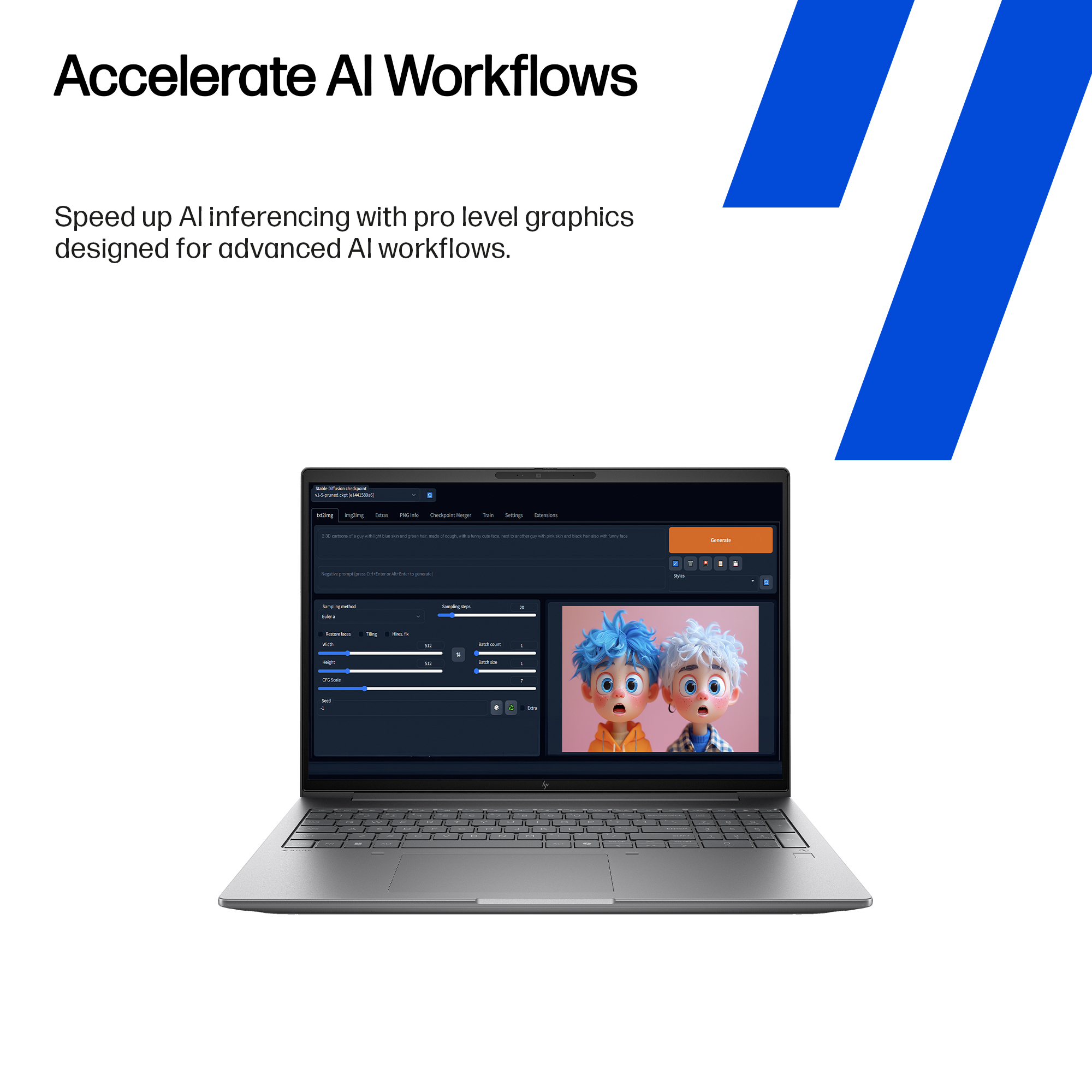 Un laptop mostra un software di grafica IA con testo sull'accelerazione dei flussi di lavoro.