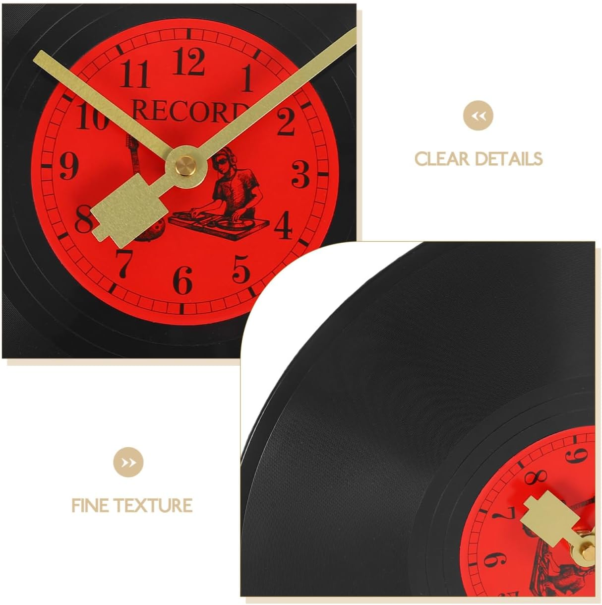 Eine Uhr aus einer schwarzen Schallplatte mit rotem Zentrum, goldenen Zeigern und dem Text CLEAR DETAILS und FINE TEXTURE.