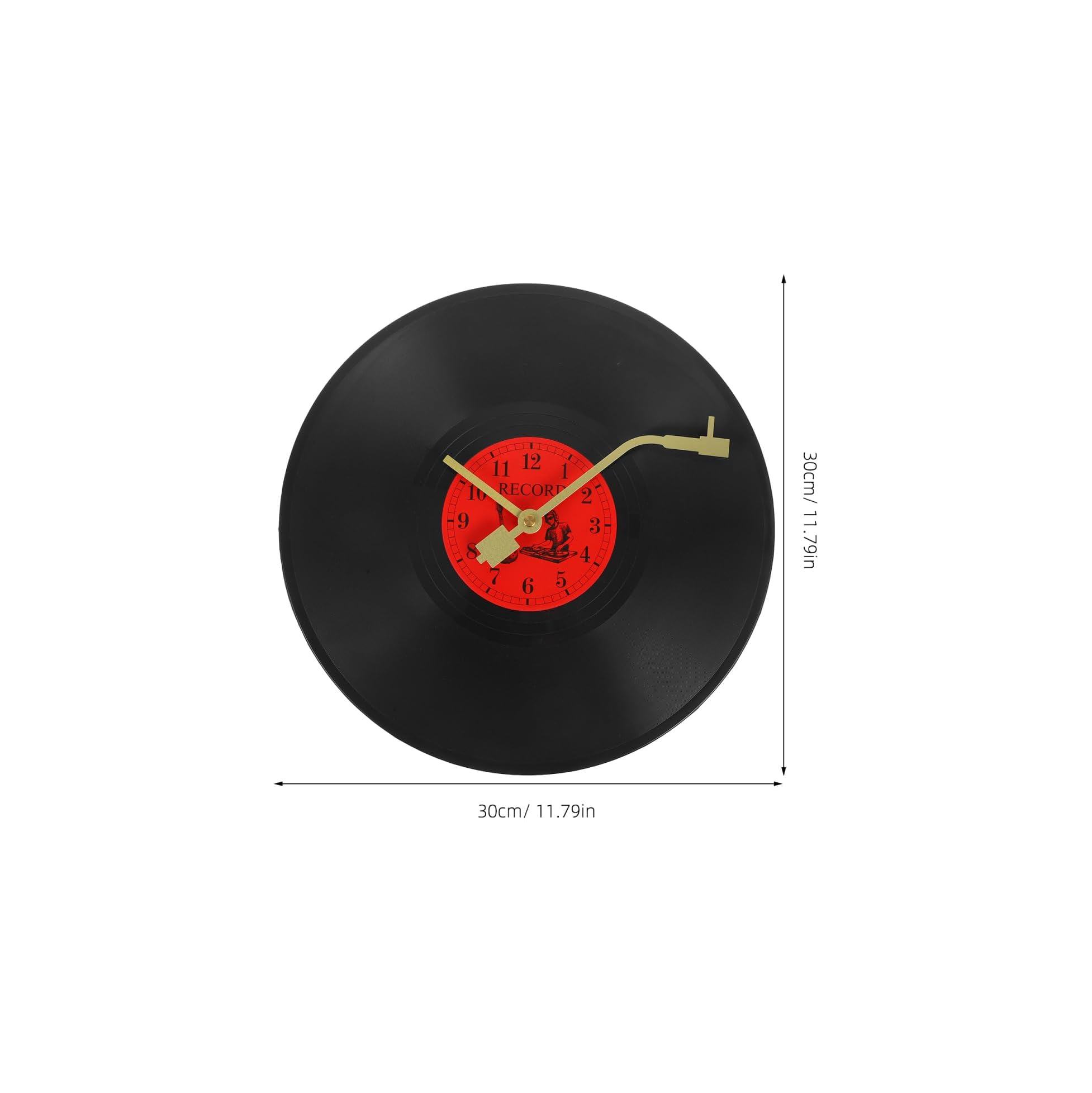 Wanduhr im Vinyl-Schallplatten-Design mit rotem Zentrum, goldenen Zeigern und Maßen von 30cm.